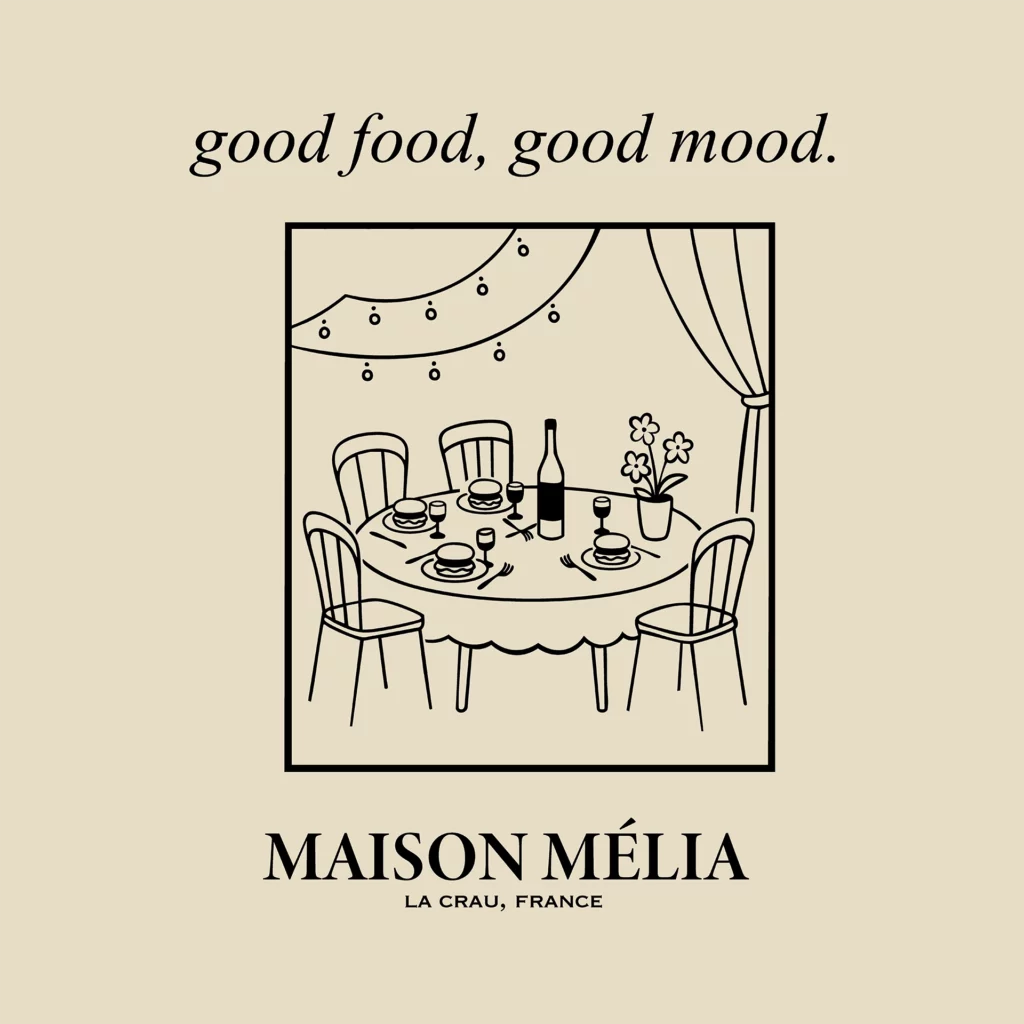 Illustration minimaliste d'une table dressée avec le slogan "good food, good mood" et le nom Maison Mélia.